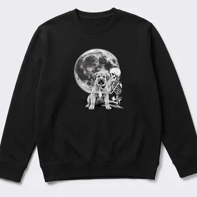 Black and white illustration of a skeleton hugging a dog for Halloween — printed on a unisex sweatshirt