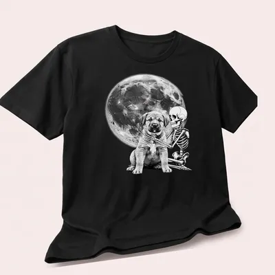Black and white illustration of a skeleton hugging a dog for Halloween — printed on a unisex t-shirt (angled view)