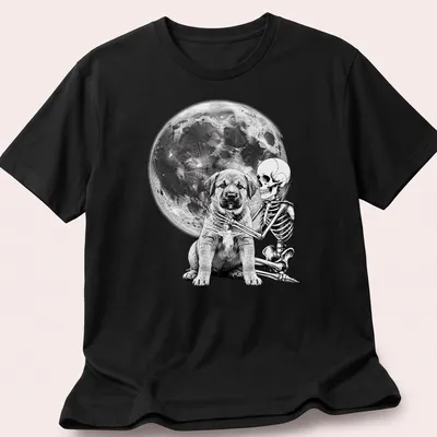 Black and white illustration of a skeleton hugging a dog for Halloween — printed on a unisex t-shirt