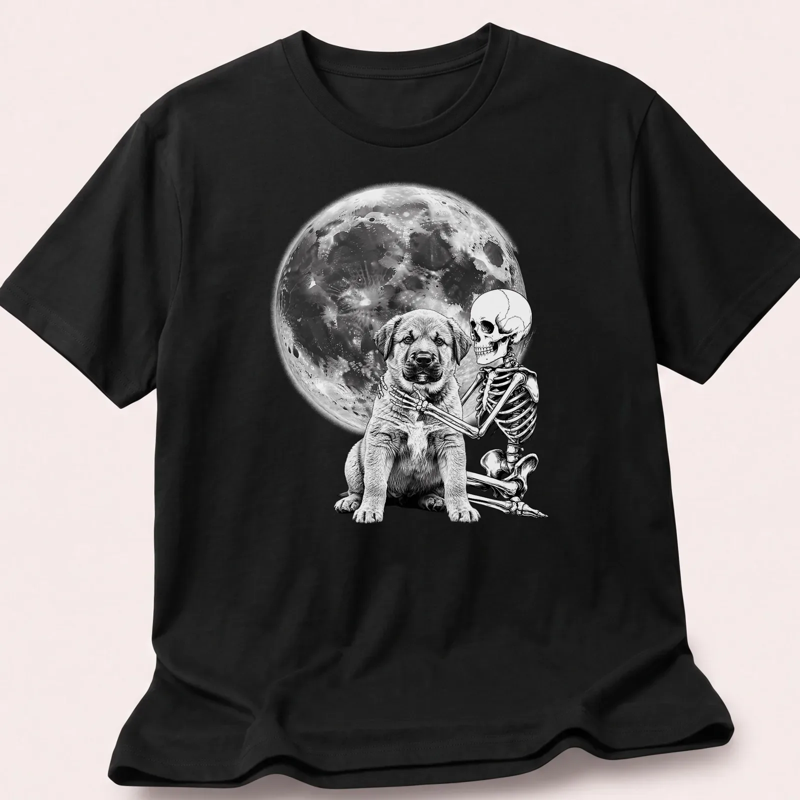 Black and white illustration of a skeleton hugging a dog for Halloween — printed on a unisex t-shirt