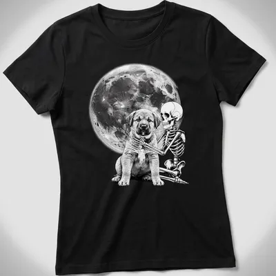Black and white illustration of a skeleton hugging a dog for Halloween — printed on a women's shirt