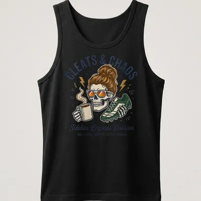 Vintage cartoon print of a skeleton soccer mom with humorous text — printed on a tank top