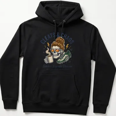 Vintage cartoon print of a skeleton soccer mom with humorous text — printed on a unisex hoodie