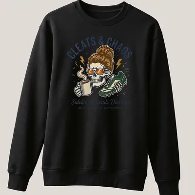 Vintage cartoon print of a skeleton soccer mom with humorous text — printed on a unisex sweatshirt