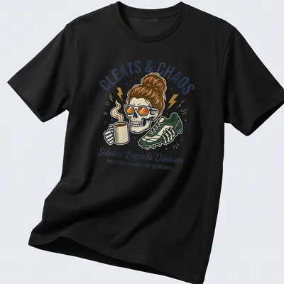 Vintage cartoon print of a skeleton soccer mom with humorous text — printed on a unisex t-shirt