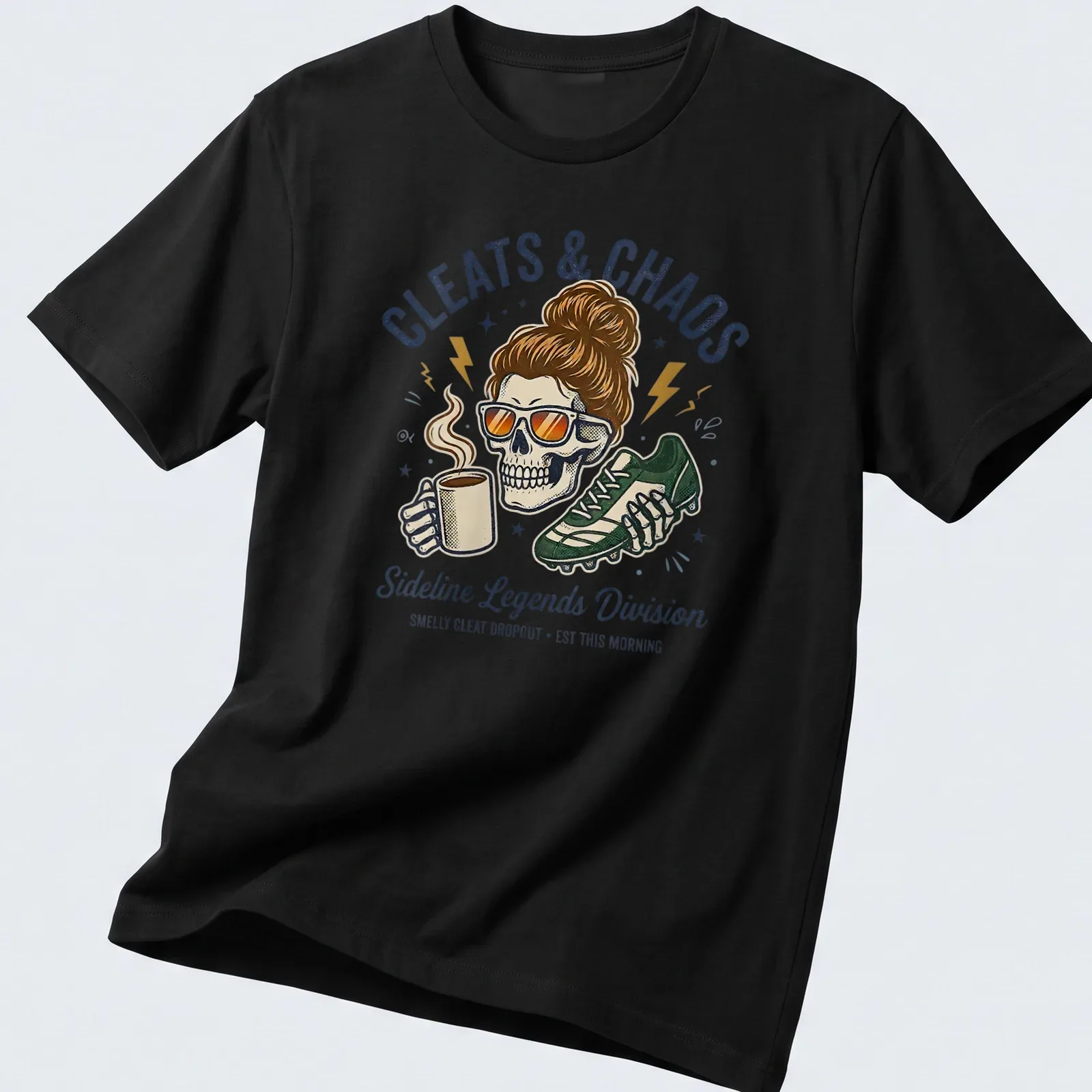 Vintage cartoon print of a skeleton soccer mom with humorous text — printed on a unisex t-shirt