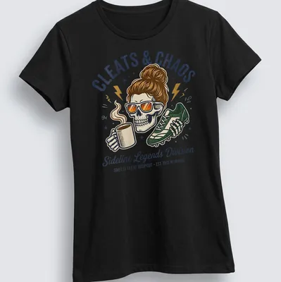 Vintage cartoon print of a skeleton soccer mom with humorous text — printed on a women's shirt