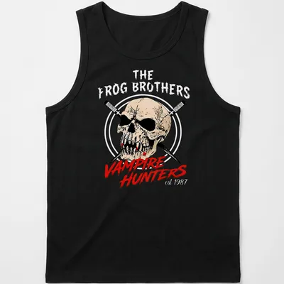 Bold graphic t-shirt featuring a skull and swords with Vampire Hunters text — printed on a tank top