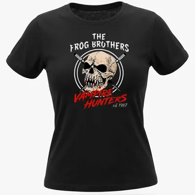 Bold graphic t-shirt featuring a skull and swords with Vampire Hunters text — printed on a women's shirt