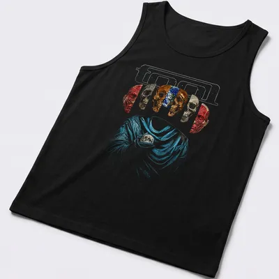 Abstract design of five skulls with glitter effect in multiple colors — printed on a tank top