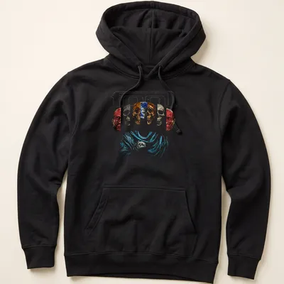 Abstract design of five skulls with glitter effect in multiple colors — printed on a unisex hoodie