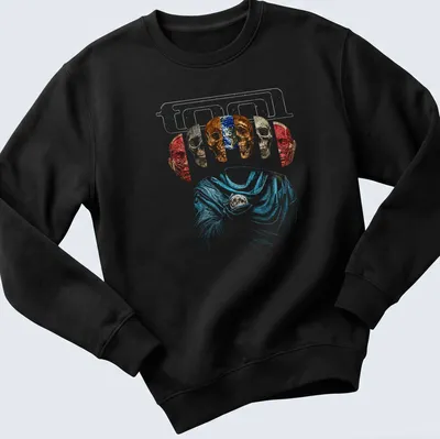 Abstract design of five skulls with glitter effect in multiple colors — printed on a unisex sweatshirt
