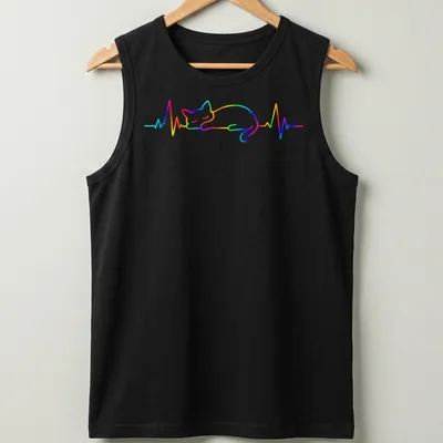 Colorful line art of a sleeping cat with rainbow hues and heartbeat design — printed on a tank top