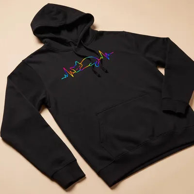 Colorful line art of a sleeping cat with rainbow hues and heartbeat design — printed on a unisex hoodie