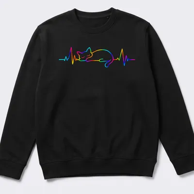 Colorful line art of a sleeping cat with rainbow hues and heartbeat design — printed on a unisex sweatshirt