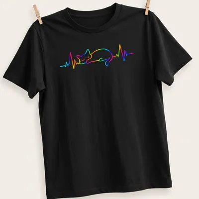Colorful line art of a sleeping cat with rainbow hues and heartbeat design