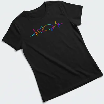Colorful line art of a sleeping cat with rainbow hues and heartbeat design — printed on a women's shirt