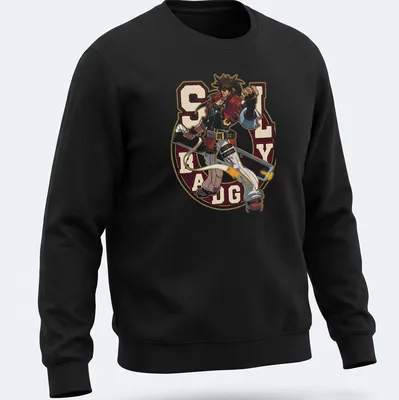 Vibrant anime-style illustration of Sol Badguy from Guilty Gear in bold colors. — printed on a unisex sweatshirt