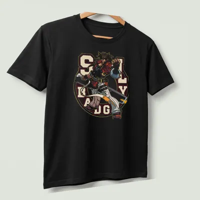 Vibrant anime-style illustration of Sol Badguy from Guilty Gear in bold colors. — printed on a unisex t-shirt (angled view)