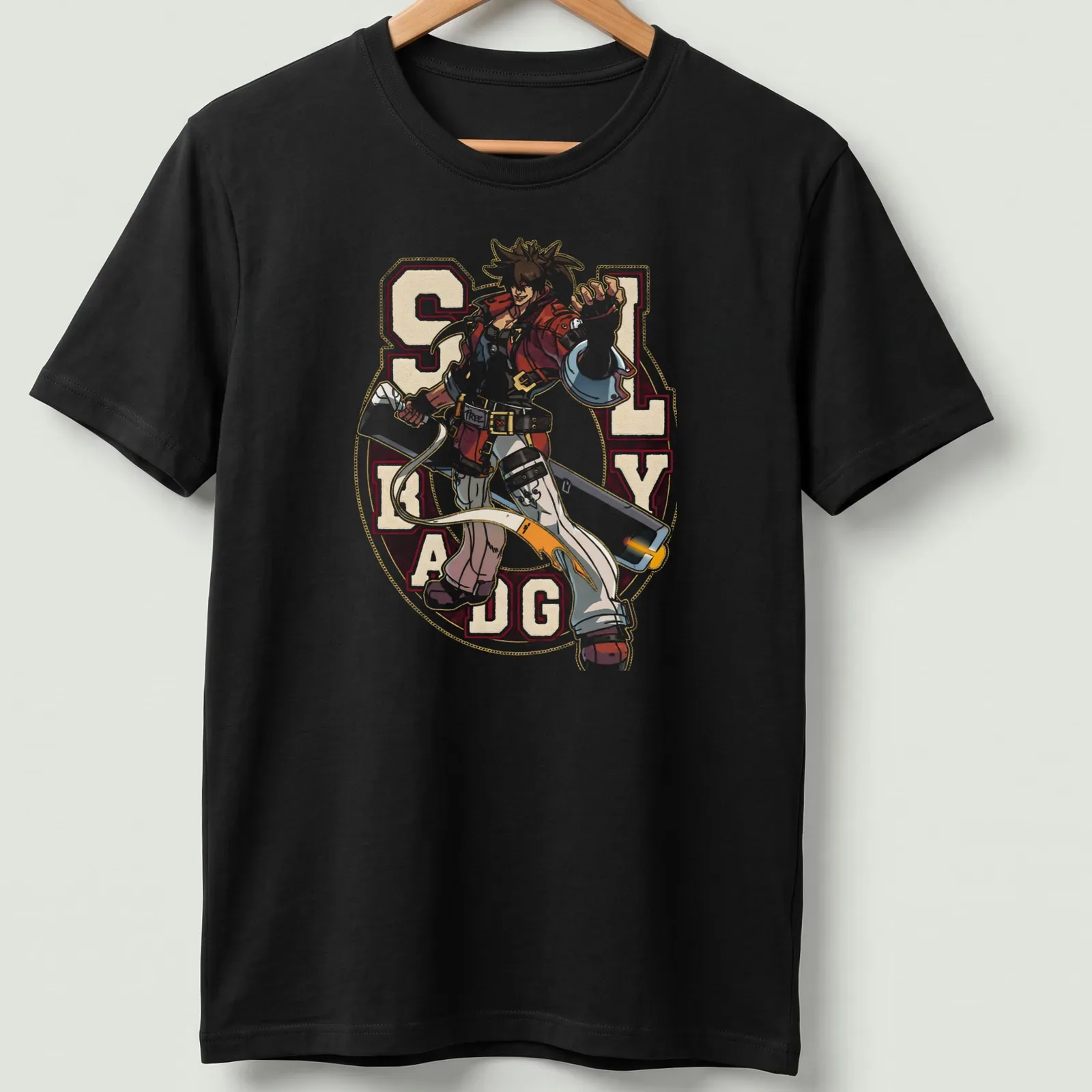 Vibrant anime-style illustration of Sol Badguy from Guilty Gear in bold colors. — printed on a unisex t-shirt