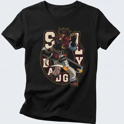 Vibrant anime-style illustration of Sol Badguy from Guilty Gear in bold colors. — printed on a women's shirt