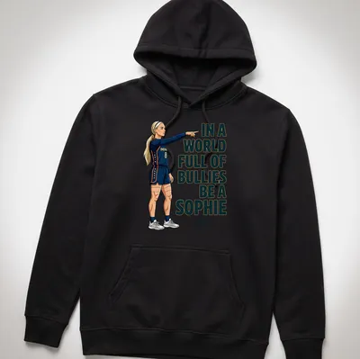Cartoon volleyball player design with the phrase about kindness against bullying — printed on a unisex hoodie
