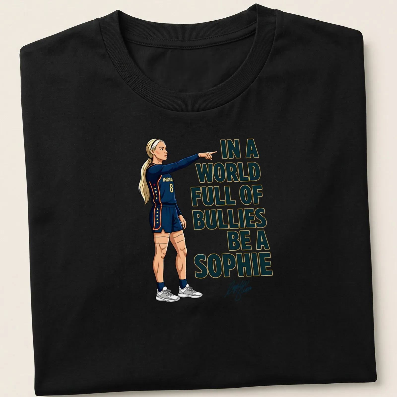 Cartoon volleyball player design with the phrase about kindness against bullying — printed on a unisex t-shirt