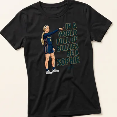 Cartoon volleyball player design with the phrase about kindness against bullying — printed on a women's shirt