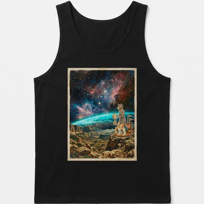 Retro cosmic print of a Sphynx cat dancing with a tambourine among stars and colors — printed on a tank top