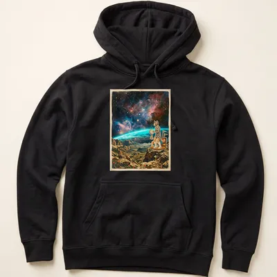 Retro cosmic print of a Sphynx cat dancing with a tambourine among stars and colors — printed on a unisex hoodie