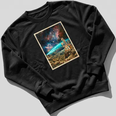 Retro cosmic print of a Sphynx cat dancing with a tambourine among stars and colors — printed on a unisex sweatshirt