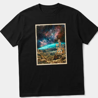 Retro cosmic print of a Sphynx cat dancing with a tambourine among stars and colors