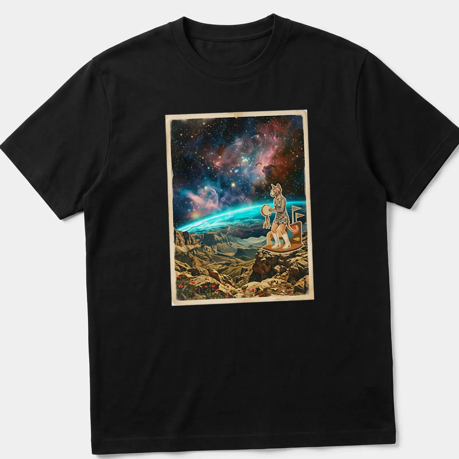 Retro cosmic print of a Sphynx cat dancing with a tambourine among stars and colors — printed on a unisex t-shirt