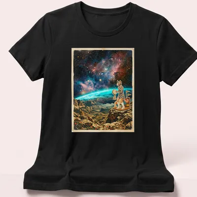 Retro cosmic print of a Sphynx cat dancing with a tambourine among stars and colors — printed on a women's shirt