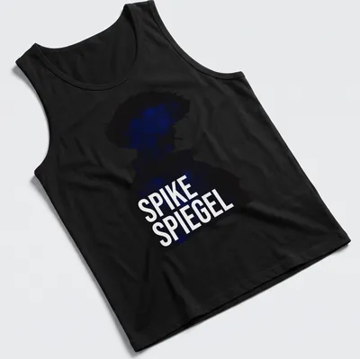 Doodle style Spike Spiegel silhouette graphic in black and blue — printed on a tank top
