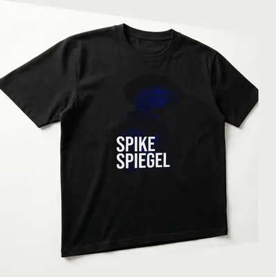 Doodle style Spike Spiegel silhouette graphic in black and blue — printed on a unisex t-shirt (angled view)