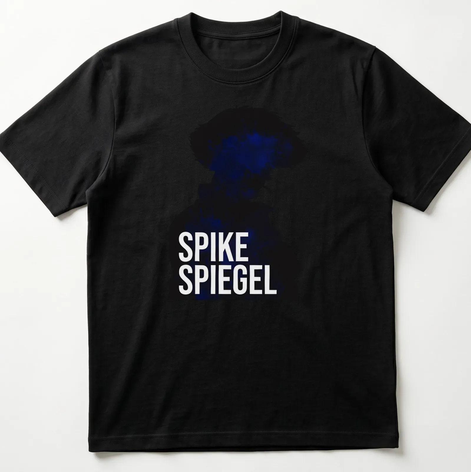 Doodle style Spike Spiegel silhouette graphic in black and blue — printed on a unisex t-shirt