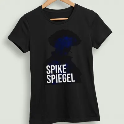 Doodle style Spike Spiegel silhouette graphic in black and blue — printed on a women's shirt