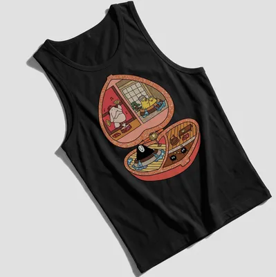 Kawaii illustration of a Polly Pocket scene from Spirited Away in bright colors. — printed on a tank top
