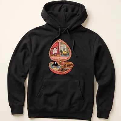 Kawaii illustration of a Polly Pocket scene from Spirited Away in bright colors. — printed on a unisex hoodie