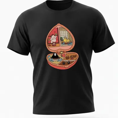 Kawaii illustration of a Polly Pocket scene from Spirited Away in bright colors. — printed on a unisex t-shirt