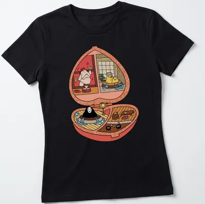 Kawaii illustration of a Polly Pocket scene from Spirited Away in bright colors. — printed on a women's shirt