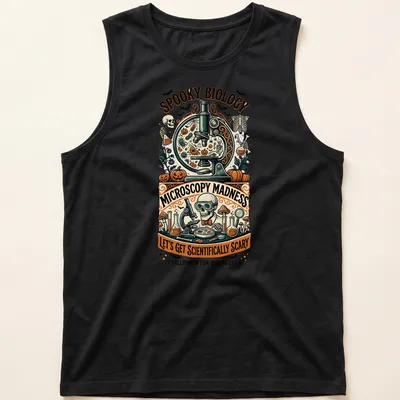 Vintage illustration of a spooky microscope with skeleton and Halloween elements — printed on a tank top