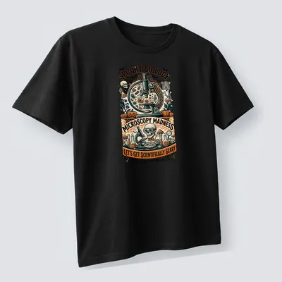 Vintage illustration of a spooky microscope with skeleton and Halloween elements — printed on a unisex t-shirt (angled view)