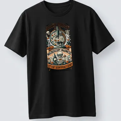 Vintage illustration of a spooky microscope with skeleton and Halloween elements — printed on a unisex t-shirt