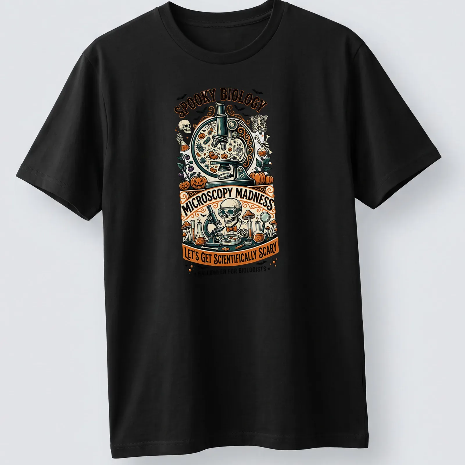 Vintage illustration of a spooky microscope with skeleton and Halloween elements — printed on a unisex t-shirt