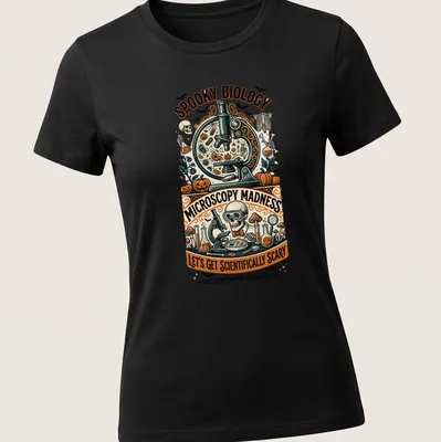 Vintage illustration of a spooky microscope with skeleton and Halloween elements — printed on a women's shirt