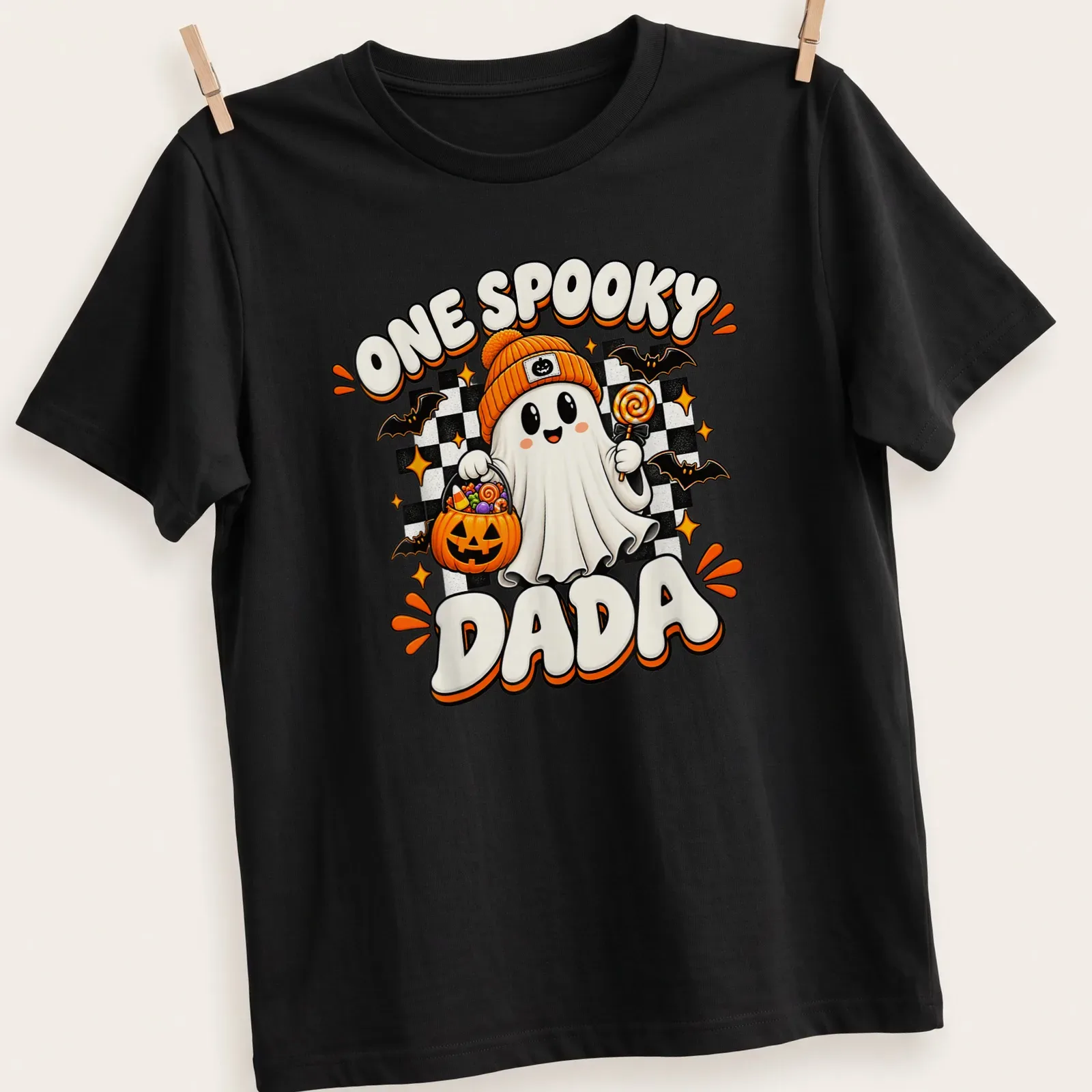 Kawaii design featuring a spooky ghost and playful text for Halloween. — printed on a unisex t-shirt