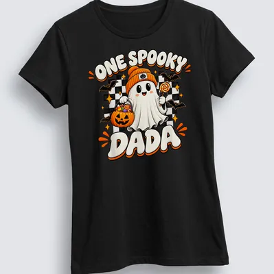 Kawaii design featuring a spooky ghost and playful text for Halloween. — printed on a women's shirt
