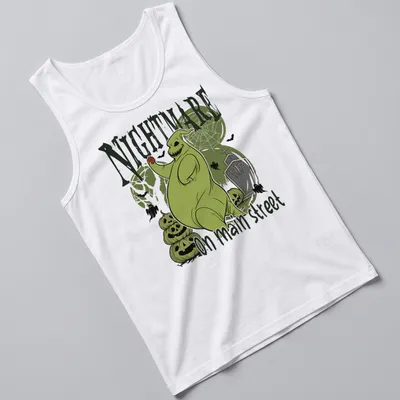 Illustrative horror design of a spooky green ghost with Halloween colors — printed on a tank top